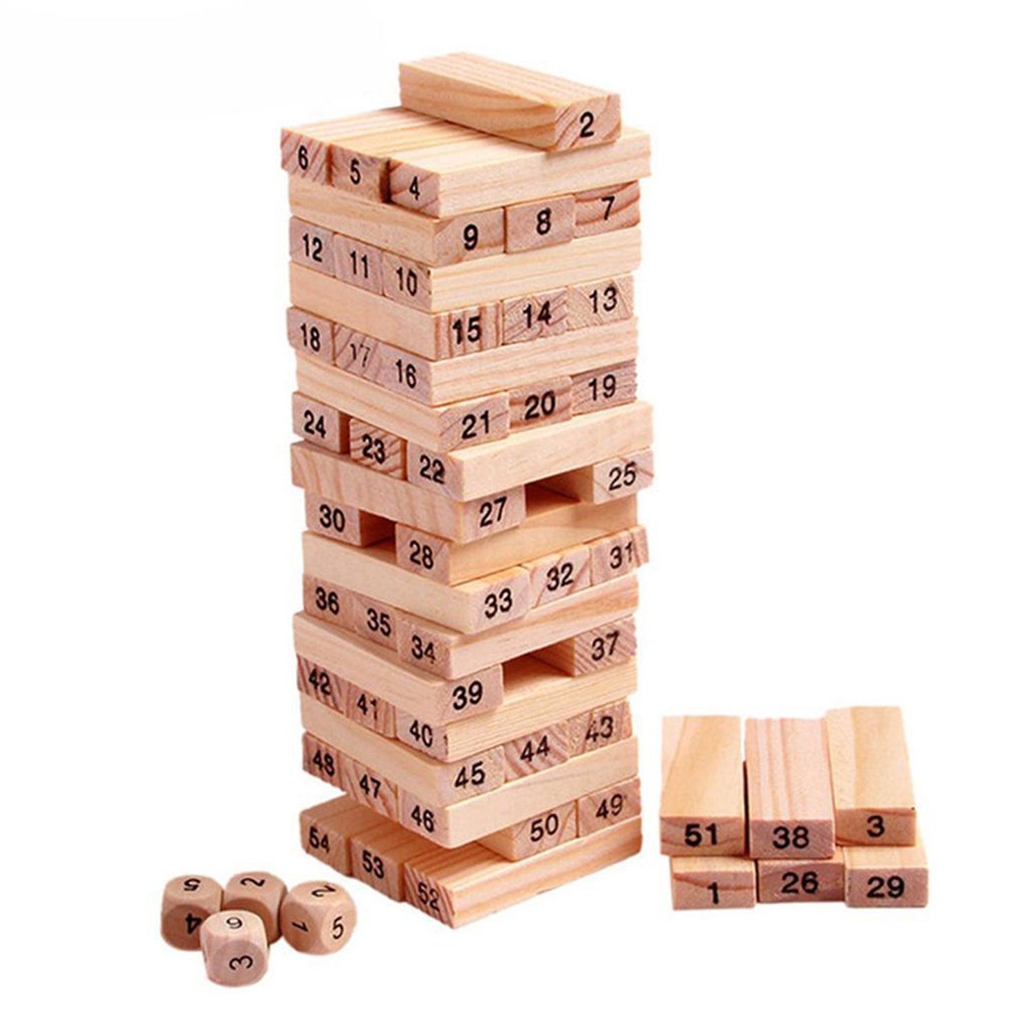 54 Pcs Blocks 4 Dices Wooden Tumbling Stacking Building 54 Pcs Blocks 4 Dices Wooden Tumbling Stacking Building